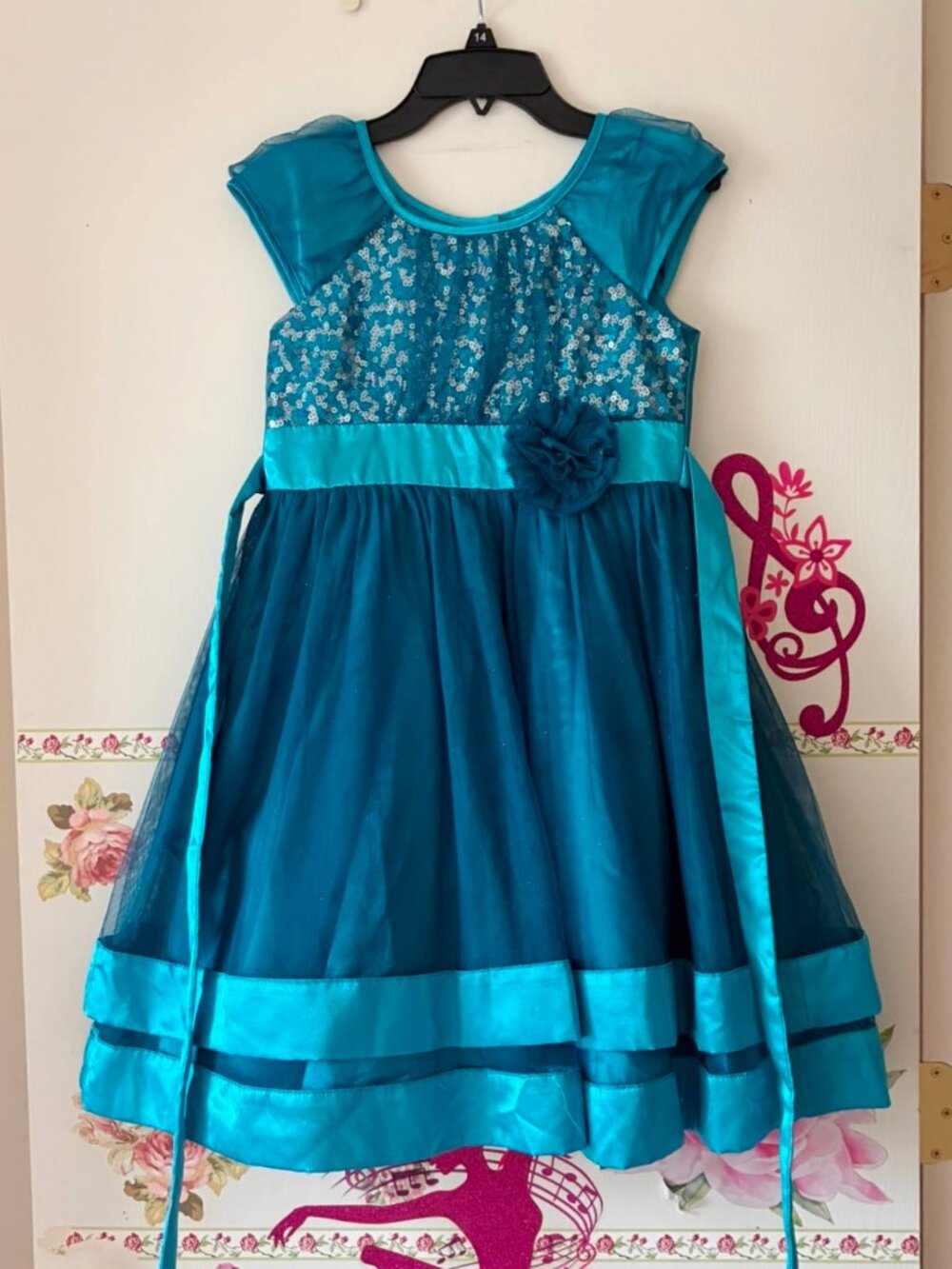 Jona Michelle Girls Teal Blue Sequin Flower Party Formal Dress Ribbon Girls 10